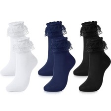 Geyoga 3 Pairs Women Heart Ruffle Socks Lace Frilly Ankle White,black,navy Blue