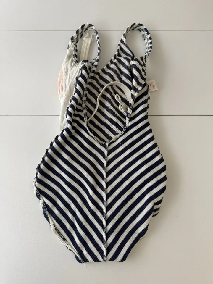 复古海报 Jantzen 泳装蓝色白色针织条纹连体裤 10 码腰带 — 第 2/4 张图片