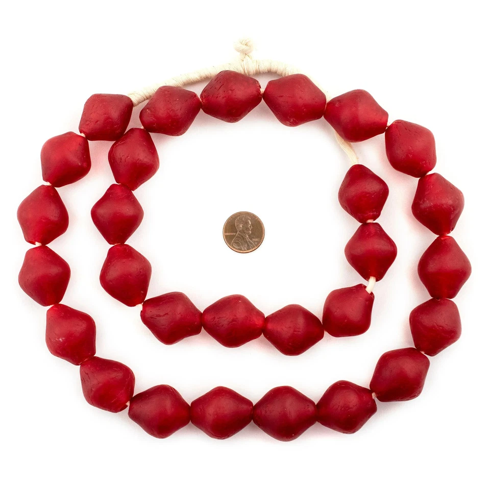 Jumbo Red Bicone Recycled Glass Beads 25mm Ghana African Sea Glass Large Hole - Image 2 of 3
