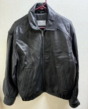 Hathaway Men’s Black Leather Jacket Zip Front Bomber Style Size M Classic Fit