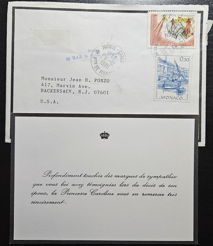 Princess Caroline Mourning Cover W/ Thank You Note Enclosure Hackensack NJ 1990