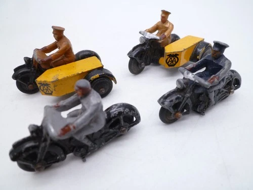 VINTAGE DINKY TOYS MOTORCYLES LOT x 4 INC AA SERVICE CIVILIAN & POLICE 1950s