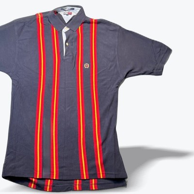 Vintage 90s Tommy Hilfiger Vertical Stripe Polo Shirt Navy Red Yellow Large