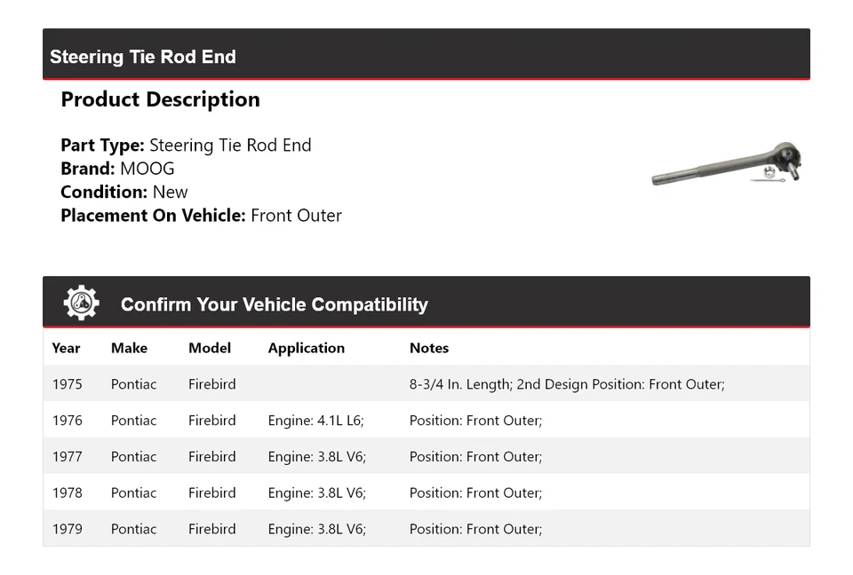 For 1975-1979 Pontiac Firebird Steering Tie Rod End Front Outer MOOG 1975 1976 - Image 2 of 4