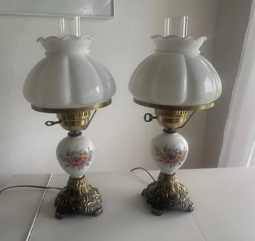 Vintage PR HEDCO Milk Glass GWTW Hurricane Lamps W/Chimneys 3 -Way EC