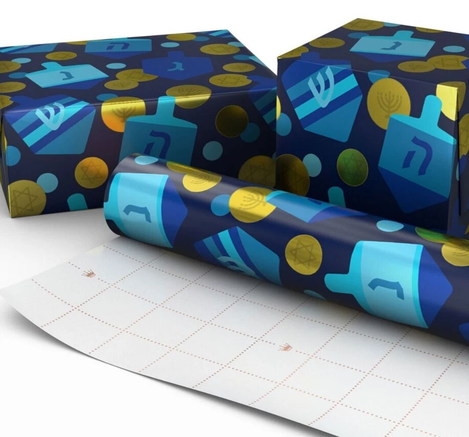 Hallmark Wrapping Paper Hanukkah Dreidels and Gelt Metallic Navy Blue 22.5 sq ft - Image 3 of 4