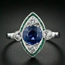 Art Deco Round Sapphire  Emerald Lab Created Diamond 925 Silver Engagement Ring