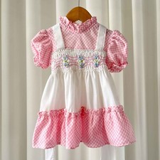 Vtg Hand Smocked by Pioneer Baby Dress Pink Gingham Flowers Puff Sleeve 12-18mo