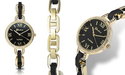 NEW Geneva 9471 Women's Platinum Aigle Collection Black/Gold Bangle Cute Watch