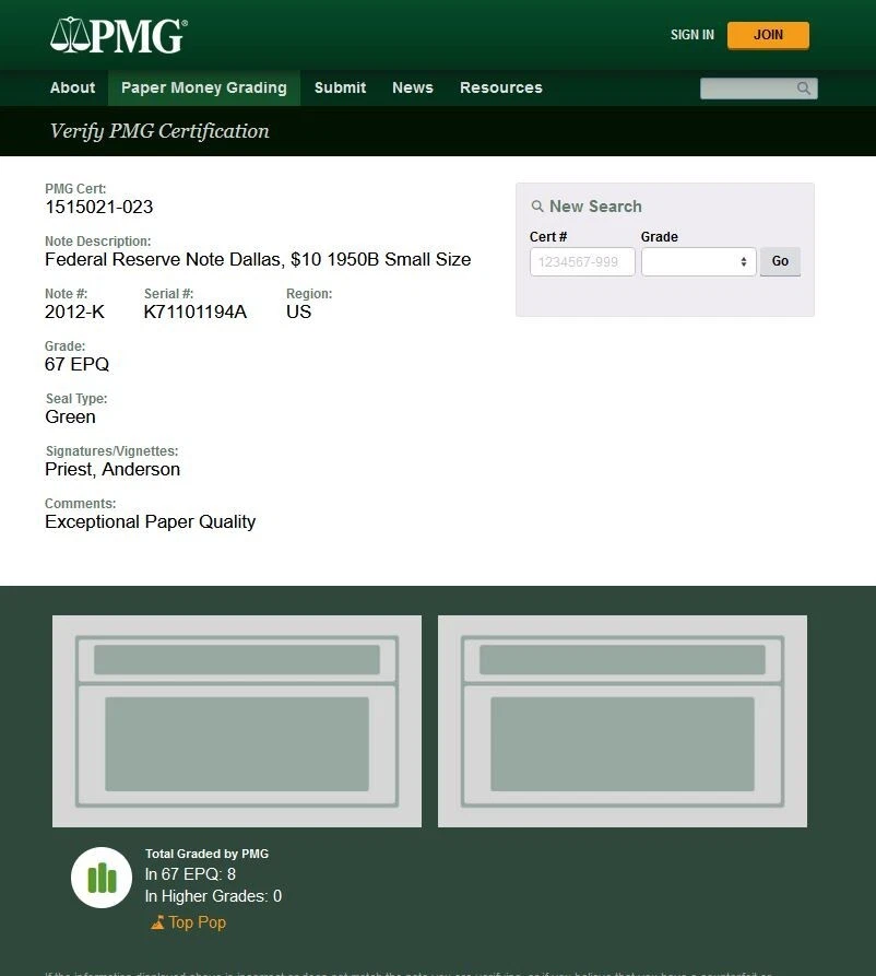 1950B $10 Federal Reserve Note PMG 67EPQ top pop finest known Dallas Fr 2012-K - Image 2 of 3