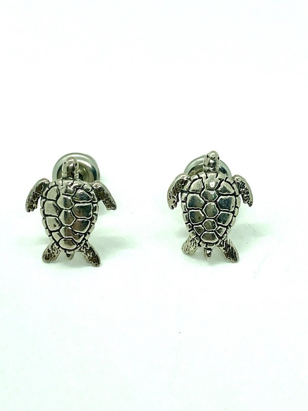 Sterling Silver Sea Turtle Stud Pierced Earrings Textured , Post And Bullet Back