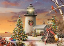 Winter Lighthouse Decorated Evergreen Trees Cardinal Box of 14 Christmas Cards