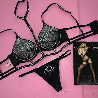 Victoria's Secret longline 34C BRA SET BLACK Silver crystallized FASHION SHOW