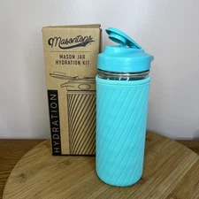 Masontops Mason Jar Hydration Kit Glass Water Bottle Neoprene Turquoise NIB