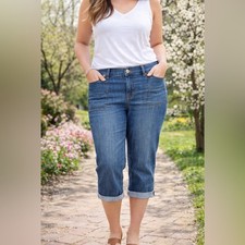 Faded Glory Denim Capri Jeans Women s Size 16 Blue Floral Cuff Stretch Casual