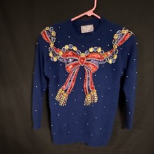 Vintage Marisa Christina Collection Blue Beaded Bow Pullover Sweater Women L