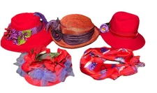 Red Hat Society (Lot Of 5 ) Items 3 Hats W/Flowers 1 Scarf 1 Visor Beautiful!
