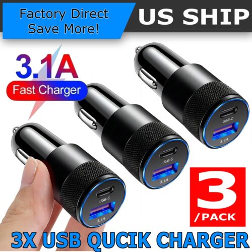 3 Pack 2 USB Port Fast Car Charger Adapter for iPhone Samsung Android Cell Phone - Picture 1 of 8