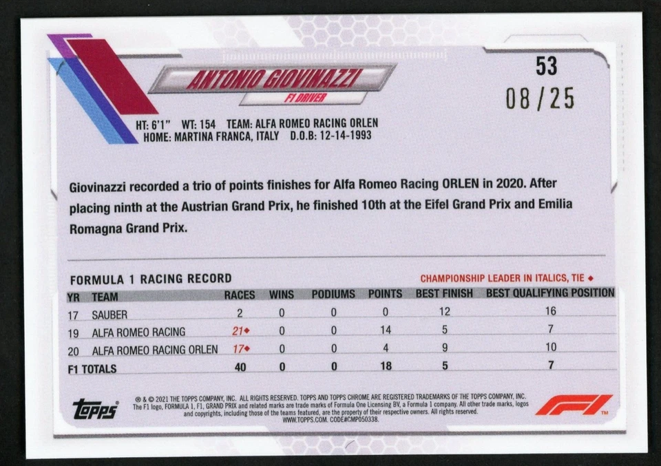 2021 Topps Chrome Sapphire F1 Antonio Giovinazzi Orange /25 Le Mans Winner SSP - Image 2 of 2