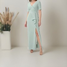 New Adrianna Papell Surplice V-Neck Short Sleeve Long Draped Front Slit Gown 8