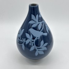 Art Pottery Vase Blue And Light Blue Matte Bird And Leaves Bulbous Round Vase