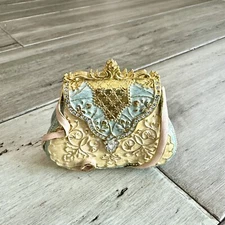 Vtg Purse Enamel Bejeweled Trinket Box Handbag Kiss Lock Yellow Blue Gold Hinged