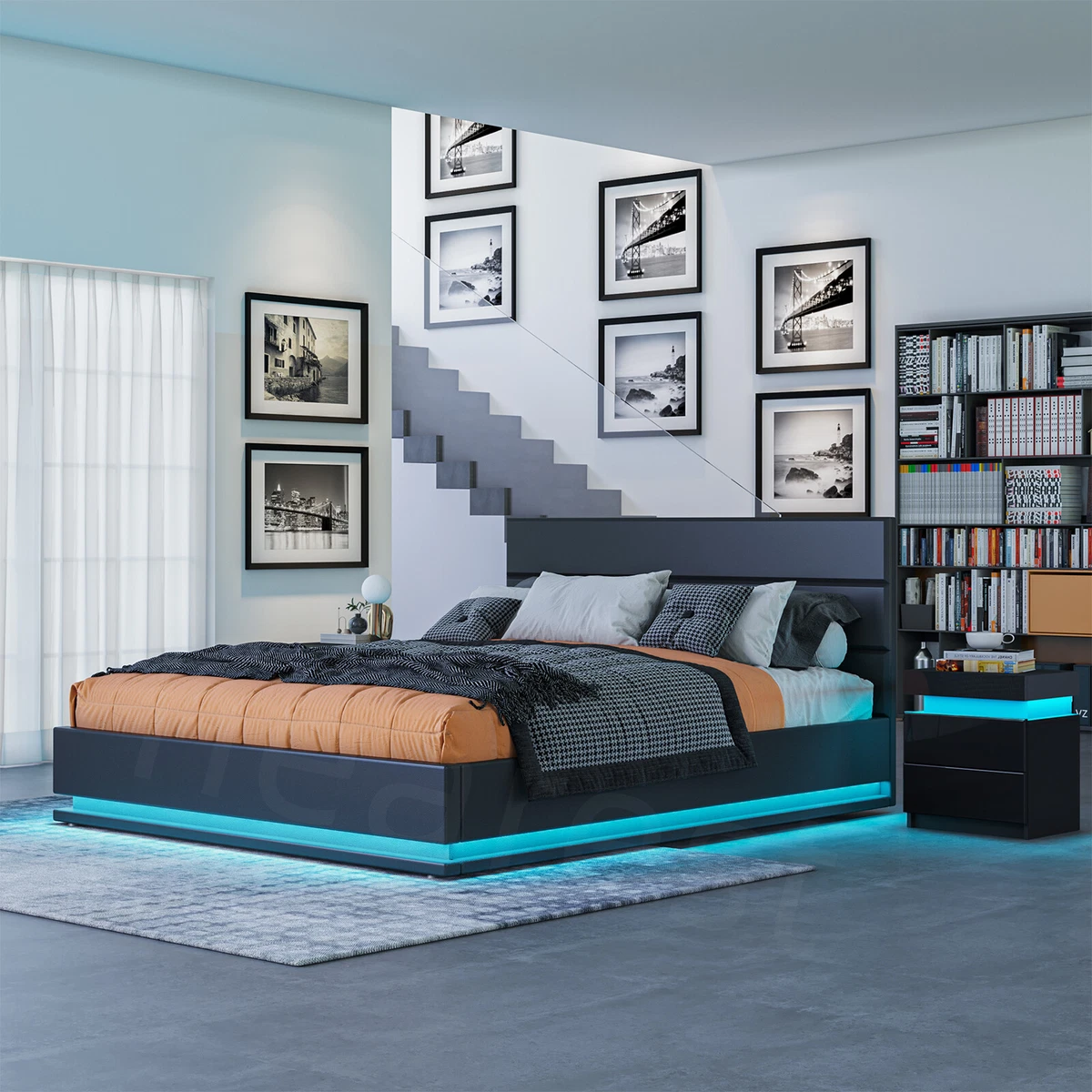 Gas lift double bed with led lights outlet