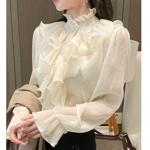 Blusa De Encaje Elegante Con Volantes Para Mujer Camisa De Gasa Con Cuello Alto- - Imagen 9 de 19