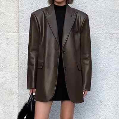 Women's Real Lamb Leather Blazer Long Coat Black/Brown Lined Button Down Jacket
