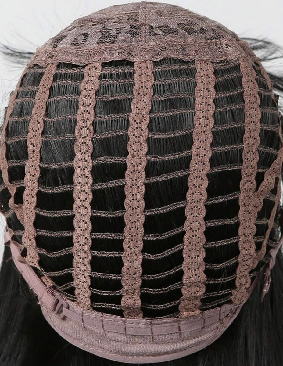 Perruque Synthétique Femme Courte Couleur Brun Foncé - Bonnet Taille M, Raie Libre, Monofilament - Neuve
