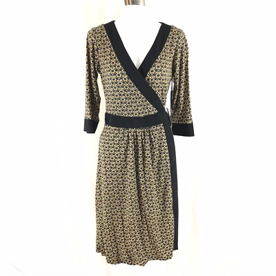 Melissa Masse True Wrap Dress Printed 3/4 Sleeve Yellow Black