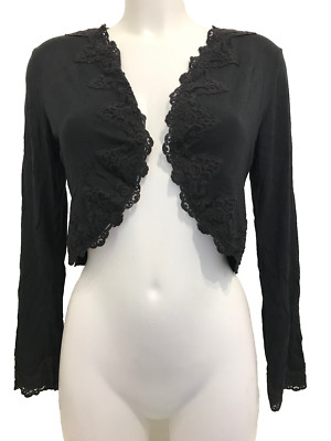 Blackspade schwarzer kurzer Morgenmantel 10 - 12 S/M Bett Wickelkleid Langarm Spitzenborte