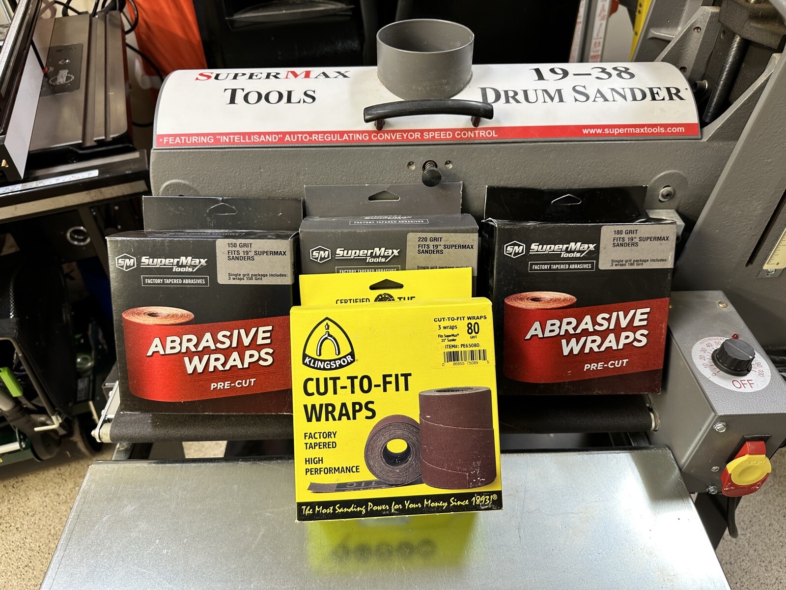 SuperMax 1938 Drum Sander with Stand, in/out feed tables & SandPaper