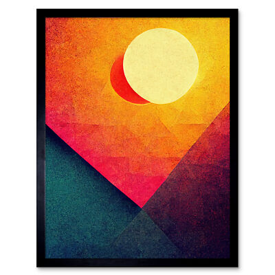 Geometric Retro Eclipse Moon Sun Sunset Framed Wall Art Picture Print 9X7 In