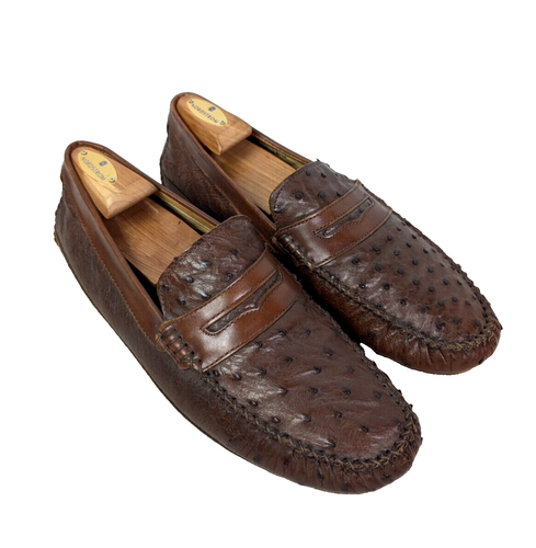 ZELLI Genuine Ostrich Slip On Driving Penny Loafers Sz 11 M Brown Italy