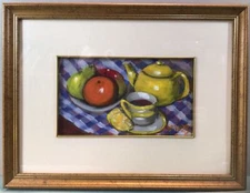 P Watts Morning Tea Framed Oil Painting Circa 1980s