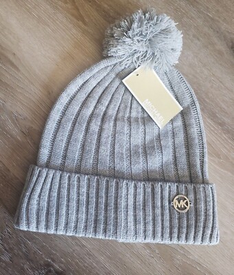 Michael Kors gray ribbed knit beanie winter hat with pom pom  display picture 2