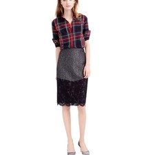 J.Crew Grey Herringbone Sequin Pencil Skirt Black Lace Hem Size 8