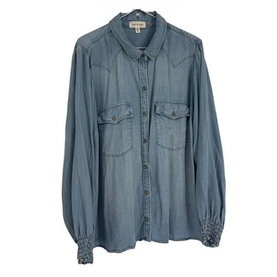Cloth & Stone Chambray Button Up Shirt 2X Denim Boho  Collared Smocked Cuffs