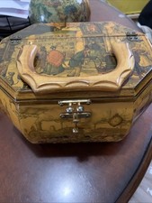 Vintage Wooden Octagon Box Bag Purse w/ Wooden Handle Old World Scene
