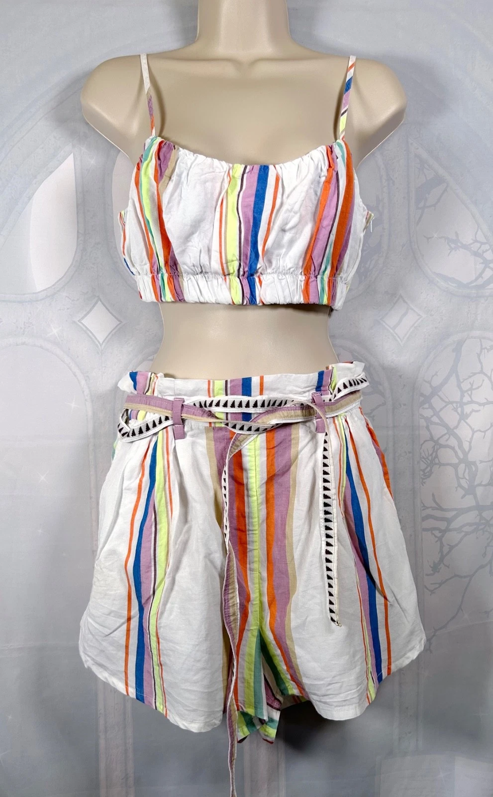 H&M x LemLem bright striped linen-blend sleeveless crop top & shorts set, S / 8