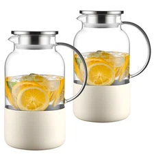 2PCS 61oz Stainless Steel Lids Glass Water Pitcher with Silicone Bottom (yellow）