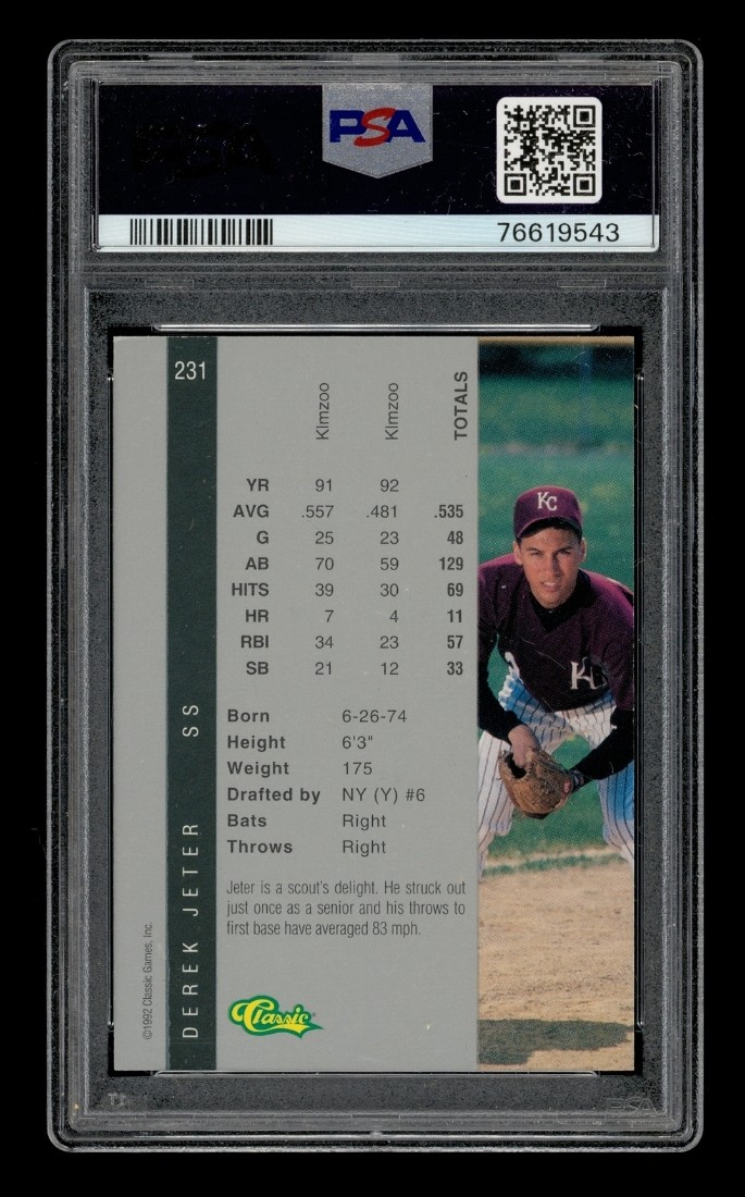 1992 Classic 4 Sport: #231 Derek Jeter PSA 9 MINT view 2
