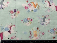 AQUA FLOWERS UNICORNS Cotton Sewing Quilting Fabric BTHY 18" X 43" wide
