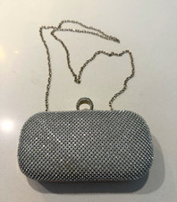 Silver Rhinestone Satin Hard Case Evening Clutch Bag w/ Chain Strap Ring Clasp