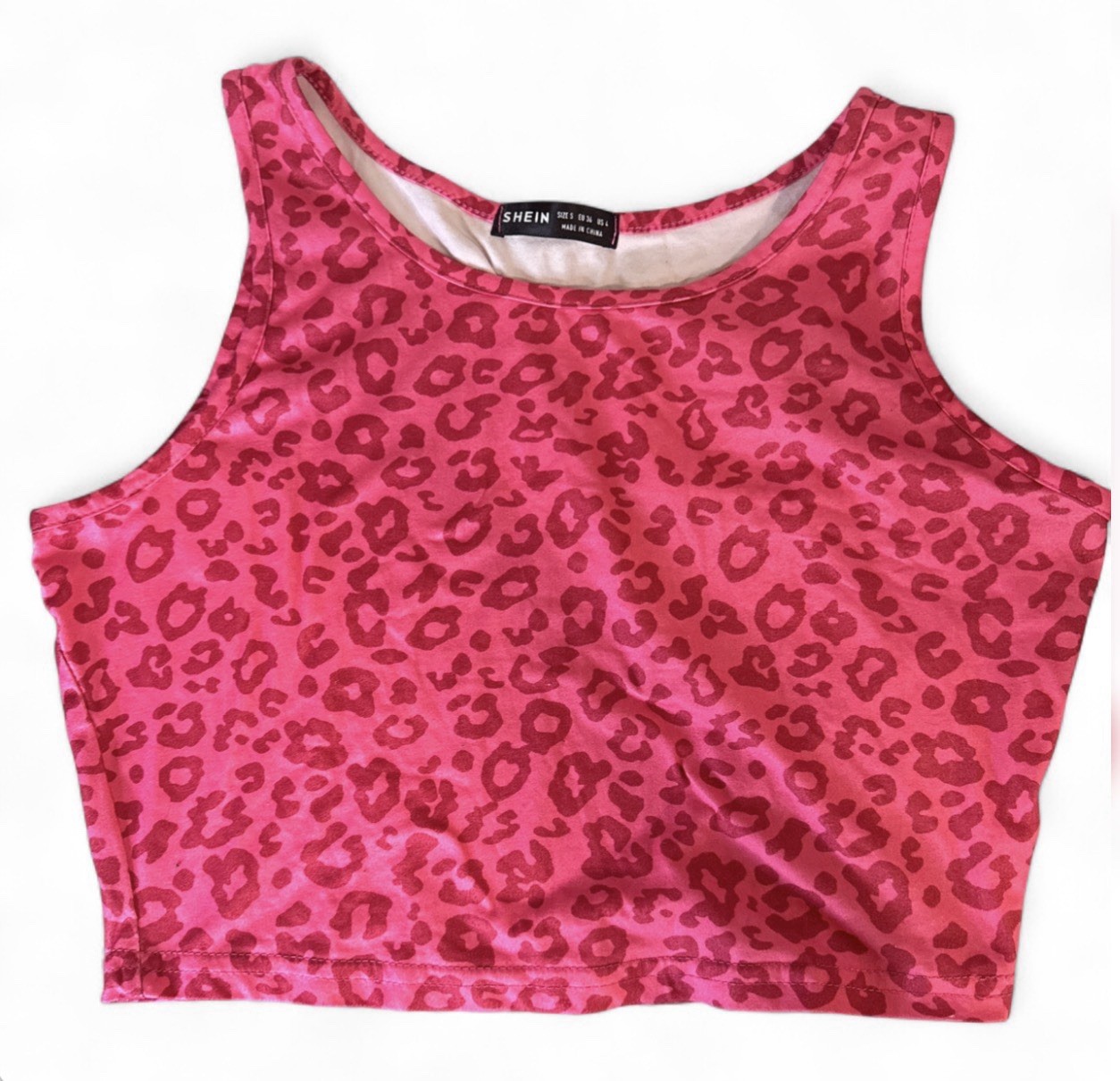 SheIn Pink Leopard Print Cropped Sleeveless Tank Top Crew Neck Size S