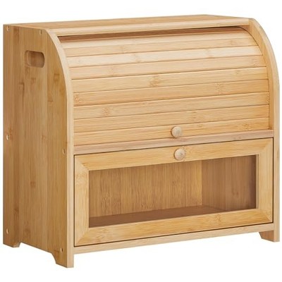 Bread Box, Bamboo Bread Box for Kitchen Countertop, 2 Tier Roll-Top Natural