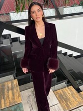 ZARA VELVET BLAZER WITH FAUX FUR CUFFS & TROUSERS BURGUNDY SIZE S CO ORD SET