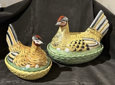 Pair Antique Staffordshire Hen on Nest 19th C 1860 s Egg Crock Covered Bowls EUC