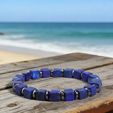 Lapis Lazuli Stretch Men's Bracelet 6mm Square Beads Healing Crystal Jewelry